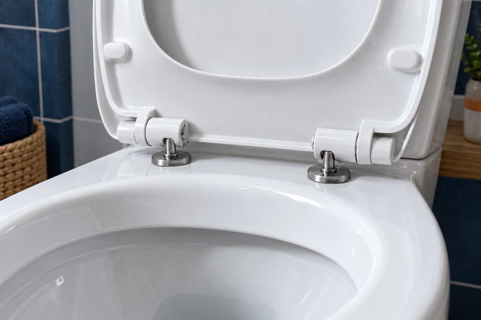 Charnières et points de fixation de l’abattant d’un WC.