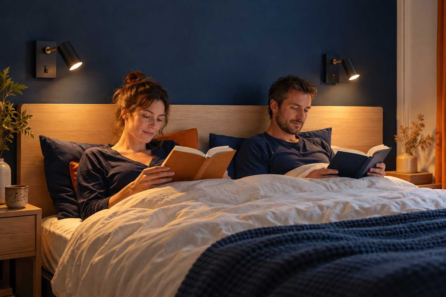 Appliques de lecture orientées près d’un lit