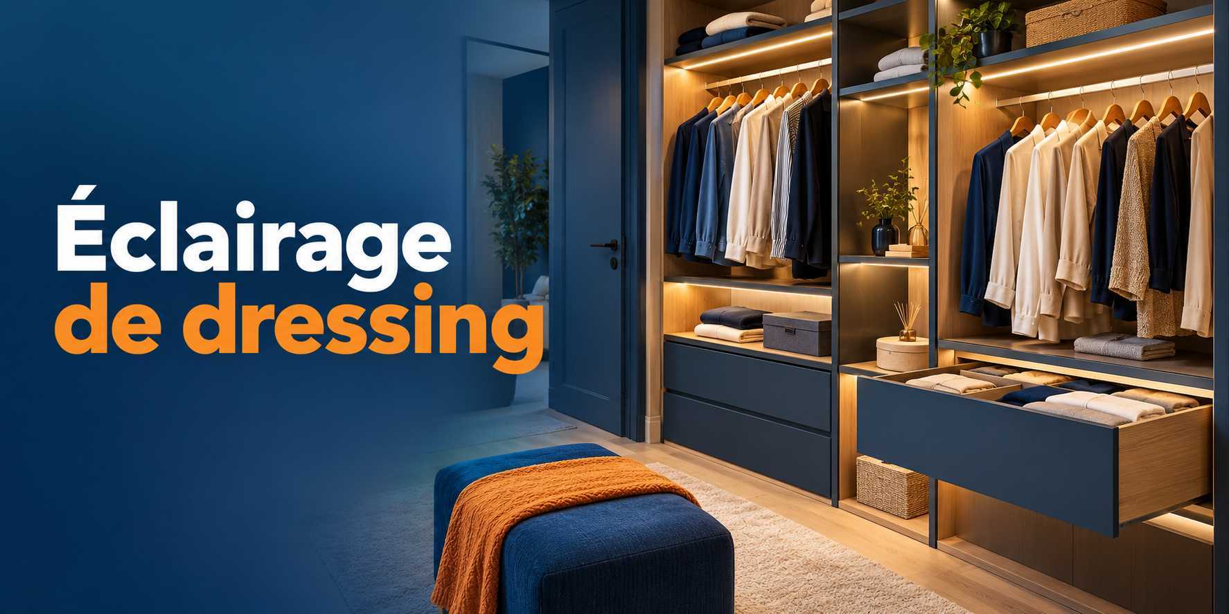 Dressing éclairé avec vêtements et rangements visibles.