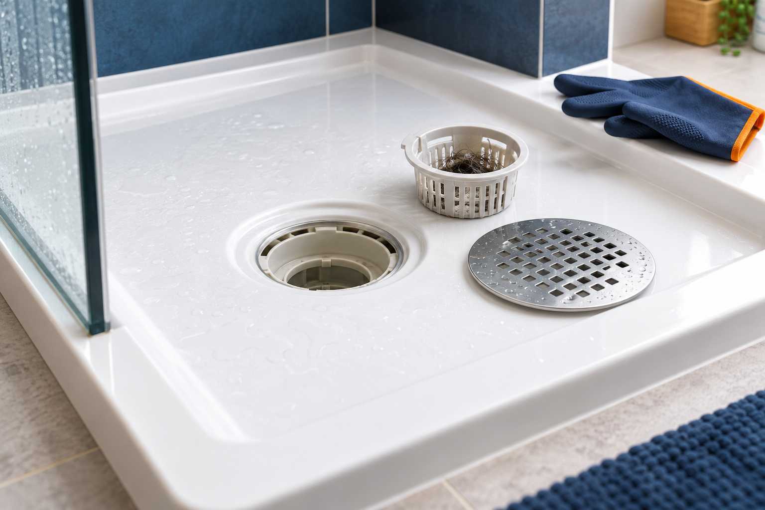 Bonde de douche et panier amovible pour l’entretien accessible.