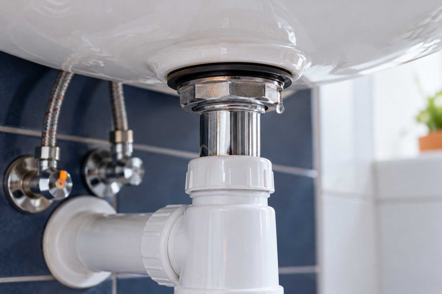 Liaison entre la bonde et la cuve du lavabo, avec raccordements visibles.