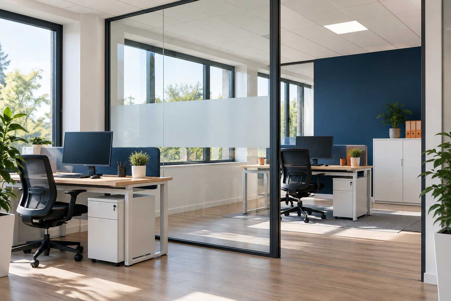 Séparation vitrée dans un bureau partagé, avec lumière et circulation préservées.