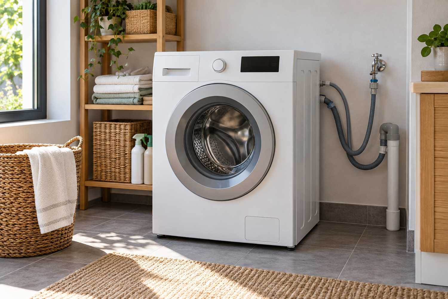 Lave-linge en buanderie avec flexibles et robinet accessibles