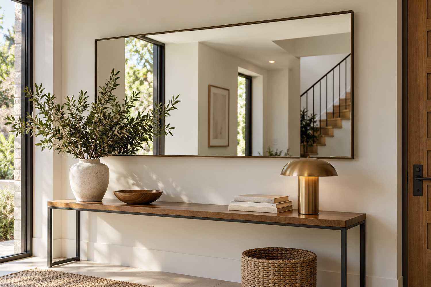 Grand miroir mural au-dessus d’une console dans une entrée