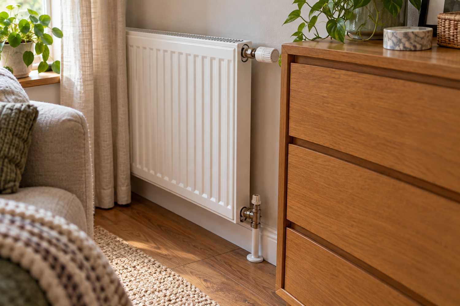 Radiateur à eau à proximité d’une commode et de rideaux