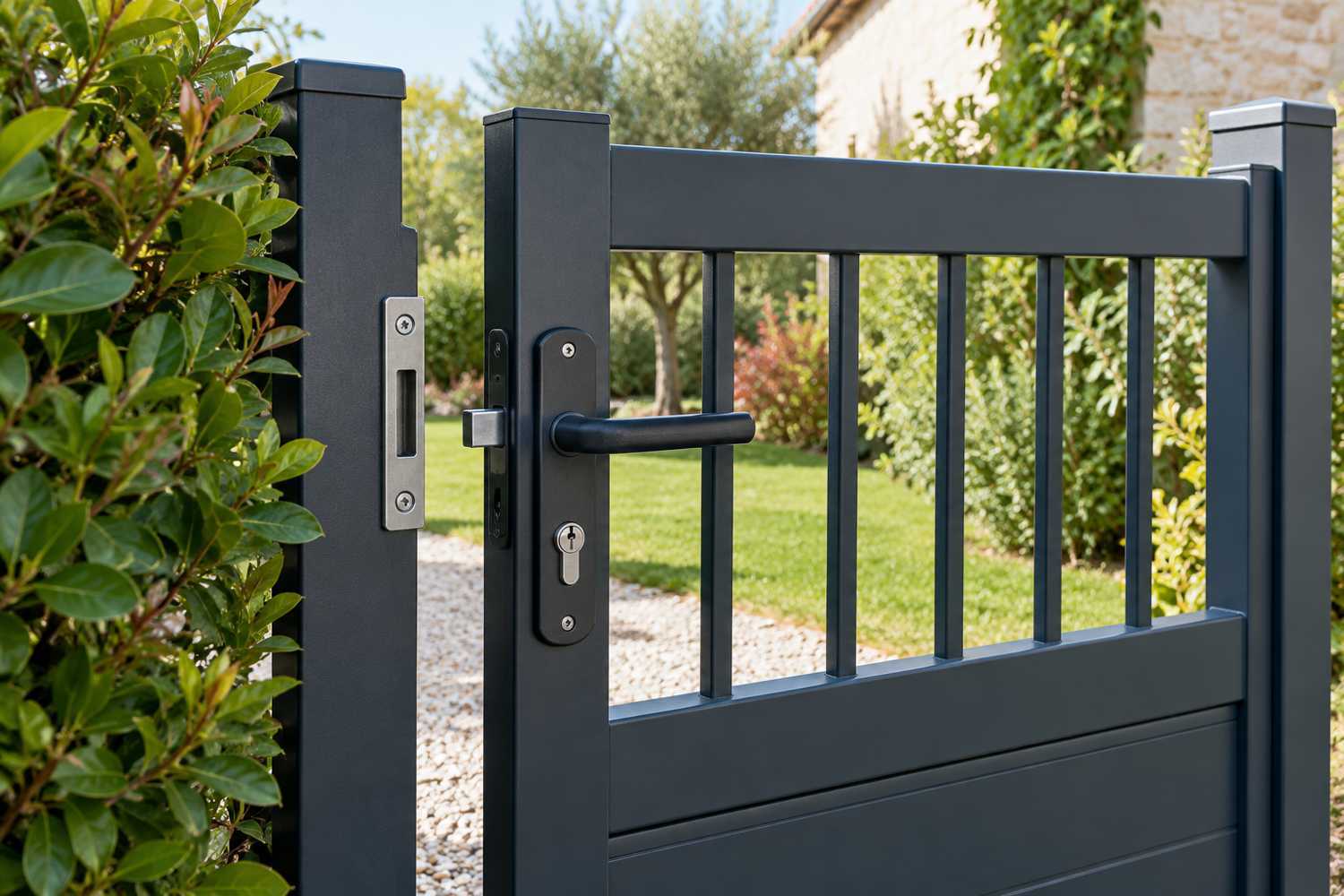 Portillon de jardin métallique avec serrure et gâche visibles