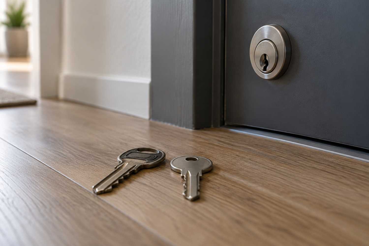 Deux clés près d’une porte fermée et de son cylindre