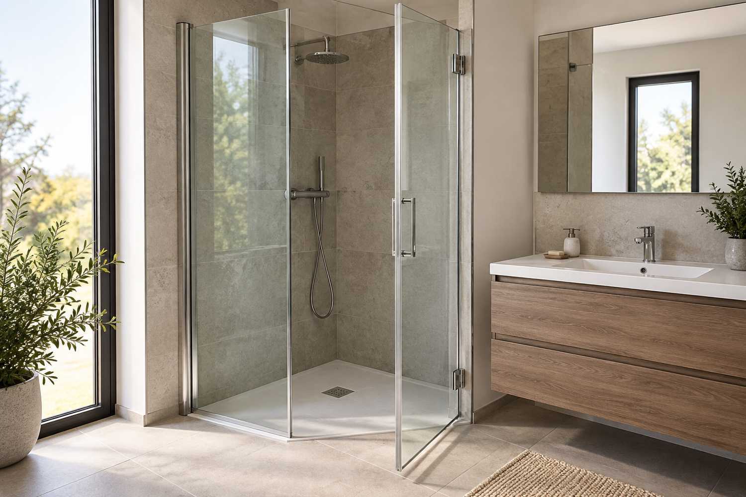 Paroi de douche ouvrante près d’un meuble de lavabo