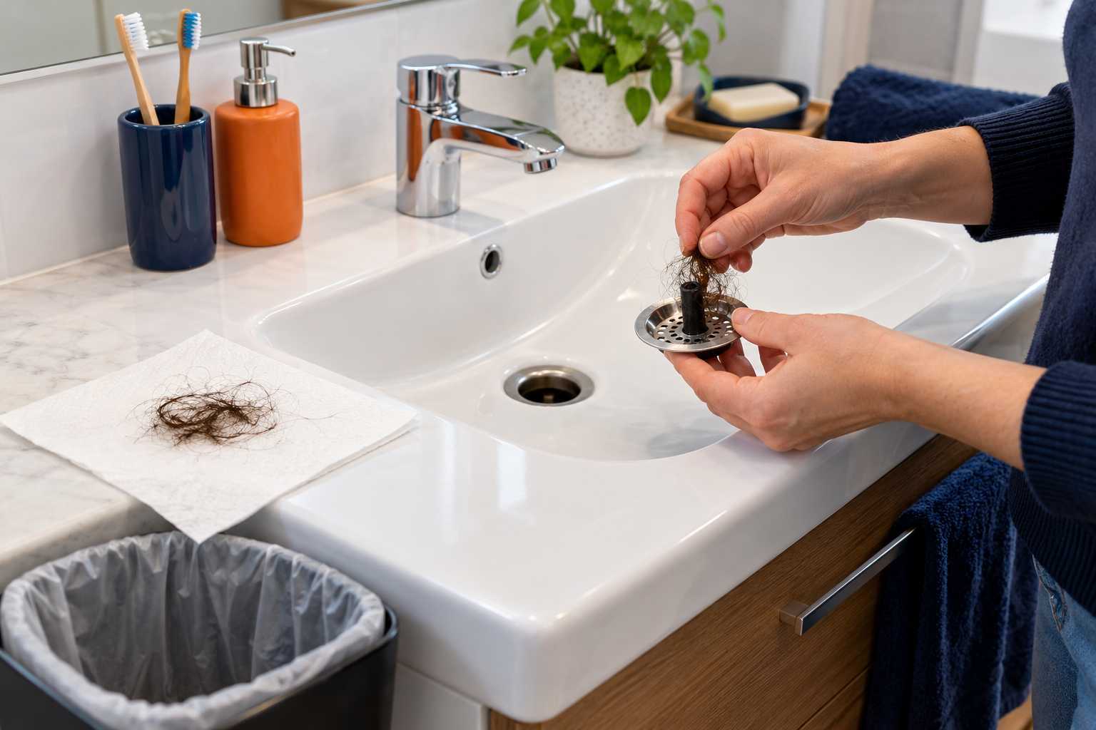 Retenue des cheveux et entretien accessible d’une bonde de lavabo