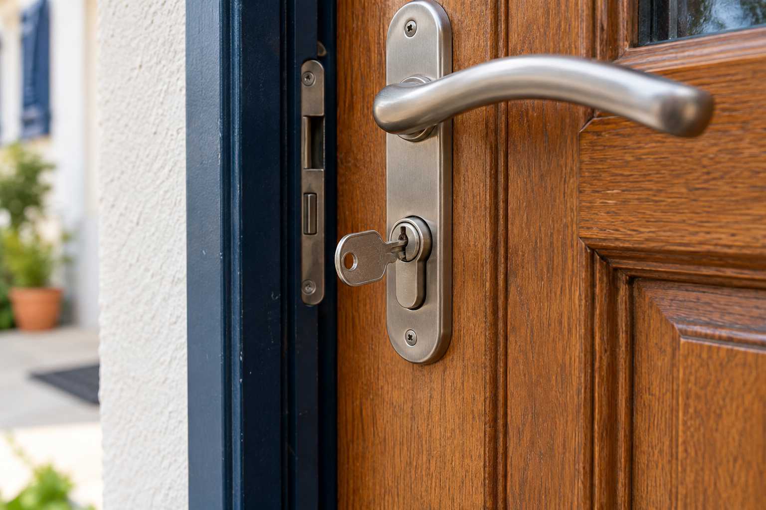 Clé engagée dans le cylindre d’une porte, sans manipulation forcée.