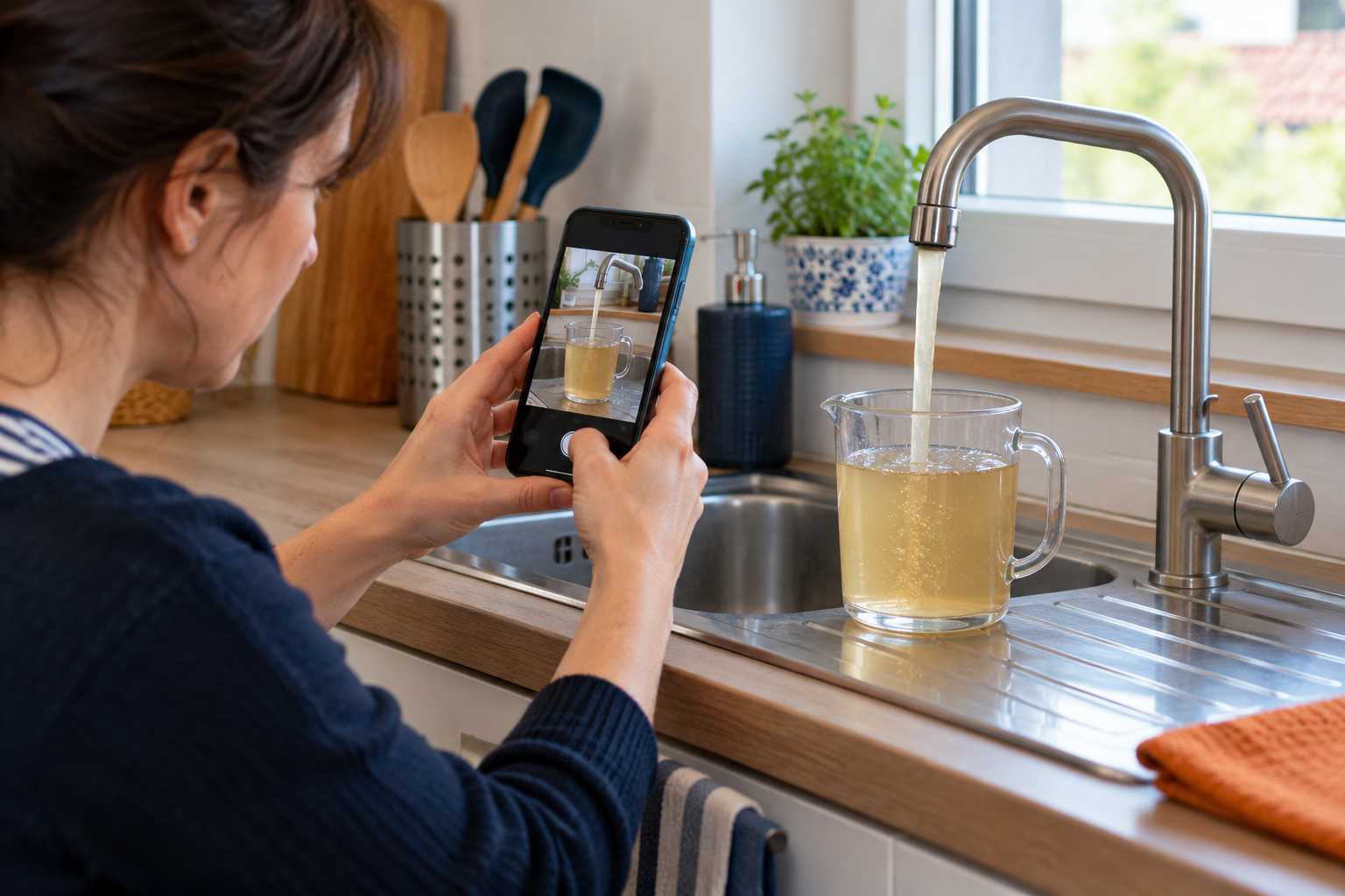 Observation d’une eau colorée à un robinet de cuisine