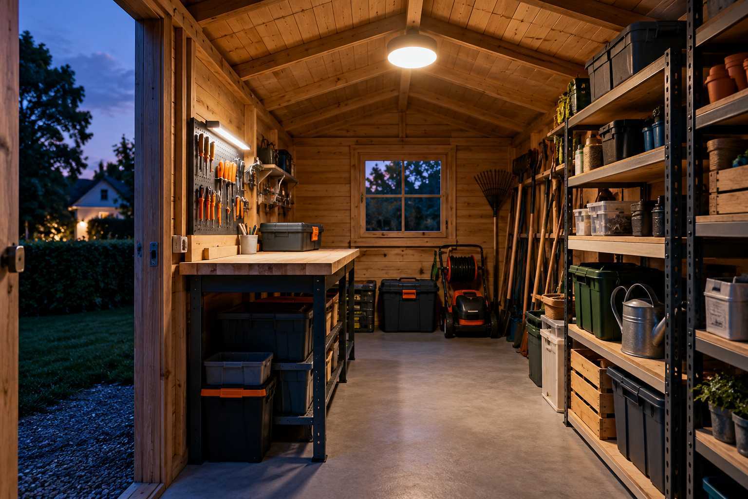 Éclairage d’un abri de jardin réparti entre établi, rangement et passage.