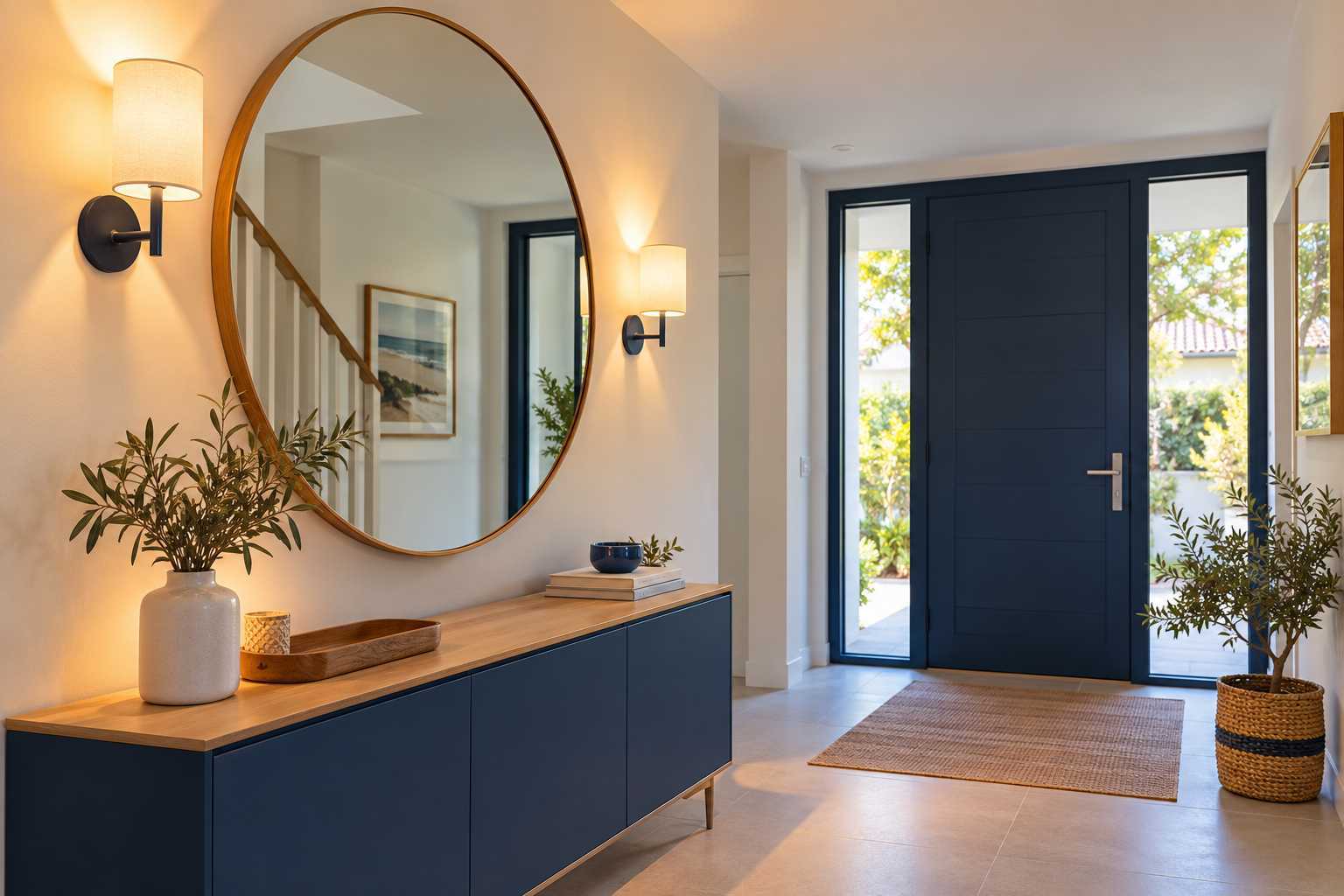 Miroir et éclairage diffus d’une entrée, avec passage dégagé.