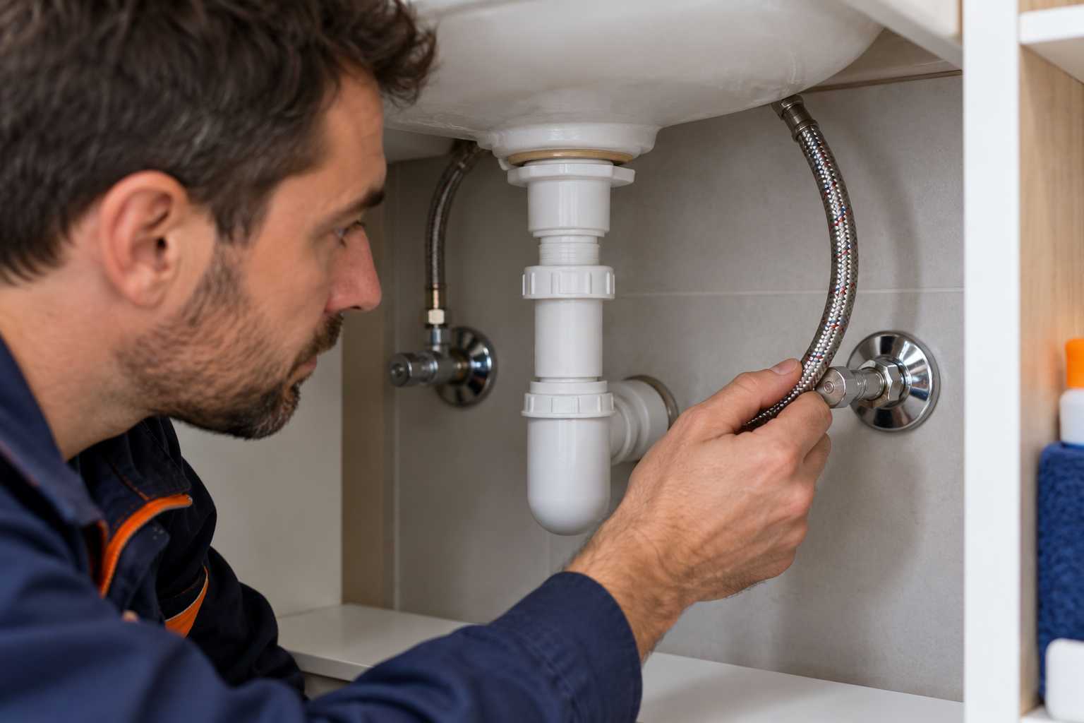 Flexible d’alimentation et raccordements accessibles sous un lavabo