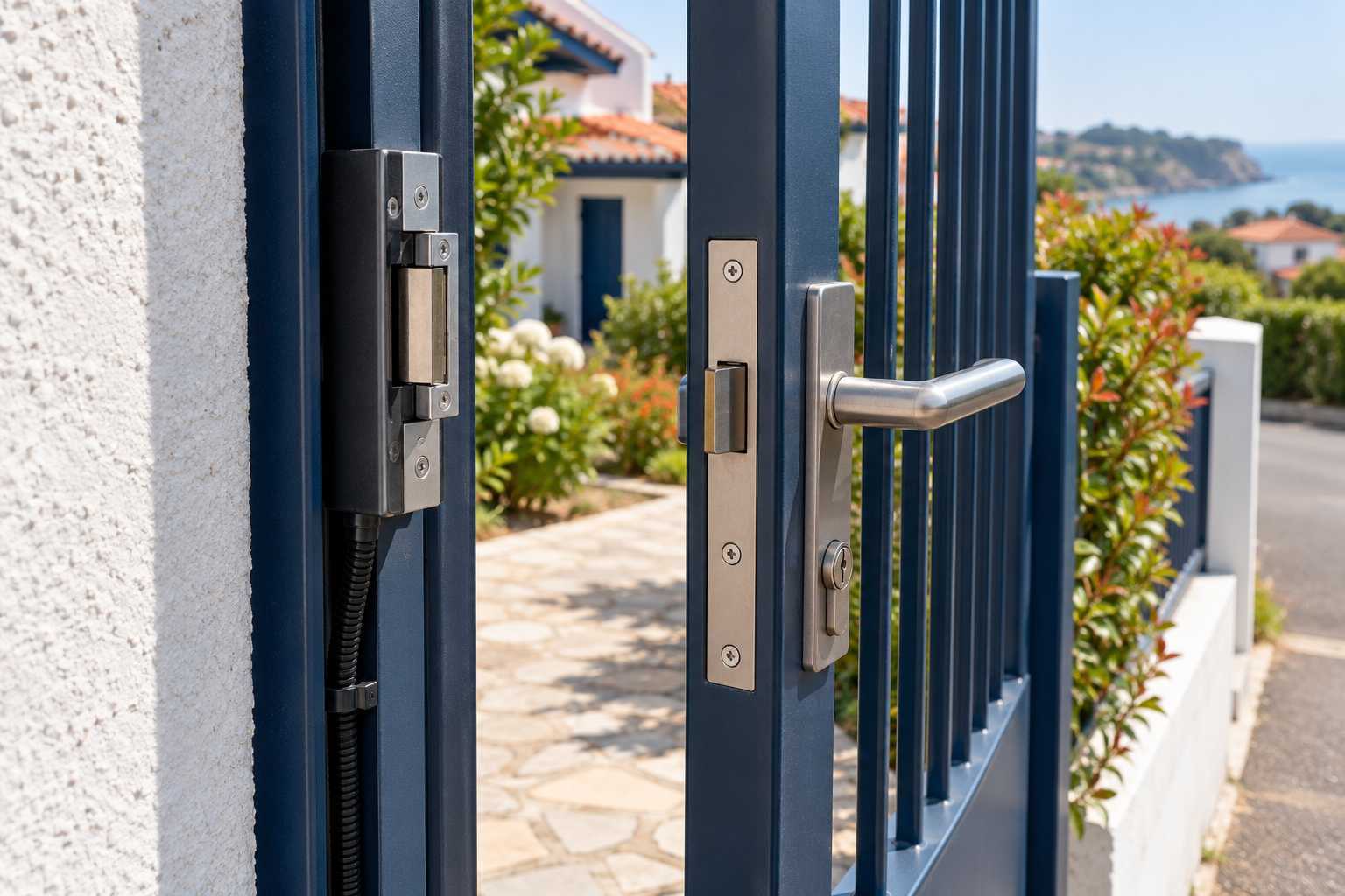 Gâche électrique et serrure d’un portillon résidentiel