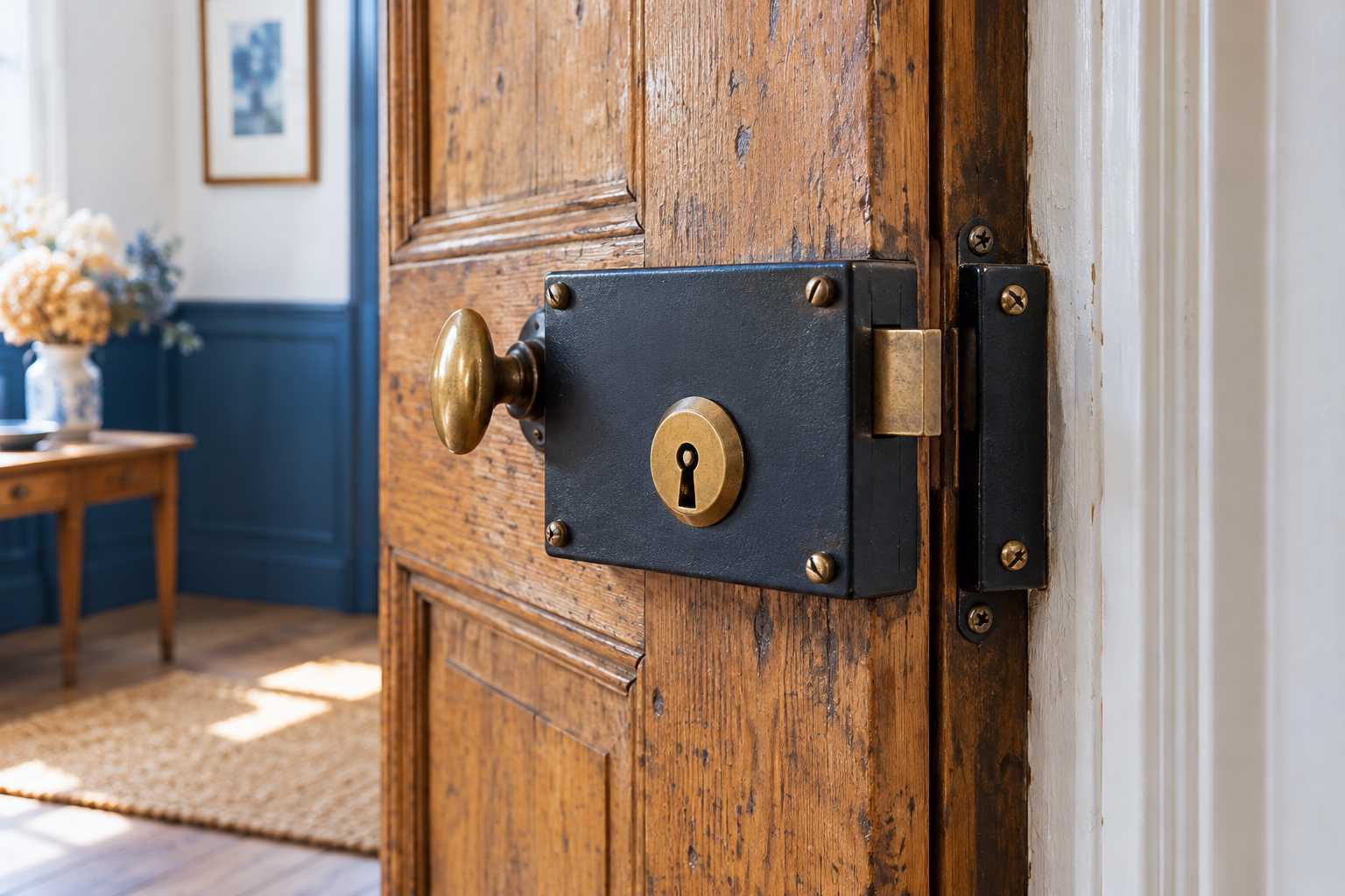 Serrure en applique sur porte ancienne en bois, vue intérieure