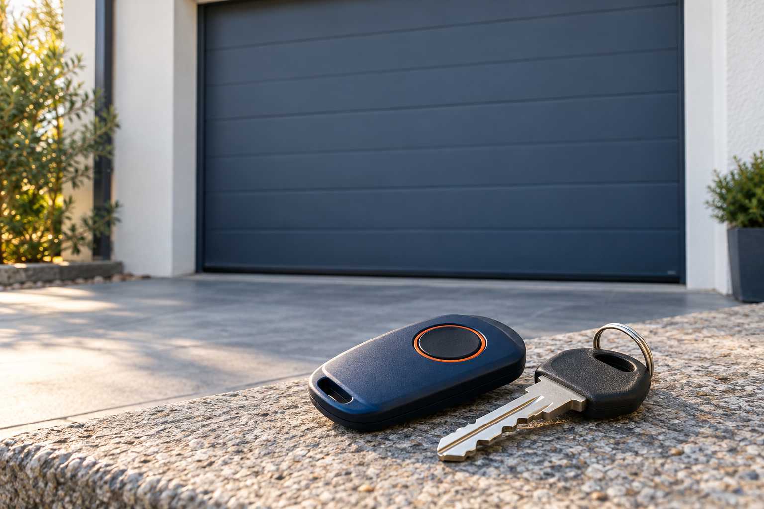 Badge et clé de garage posés devant une porte fermée
