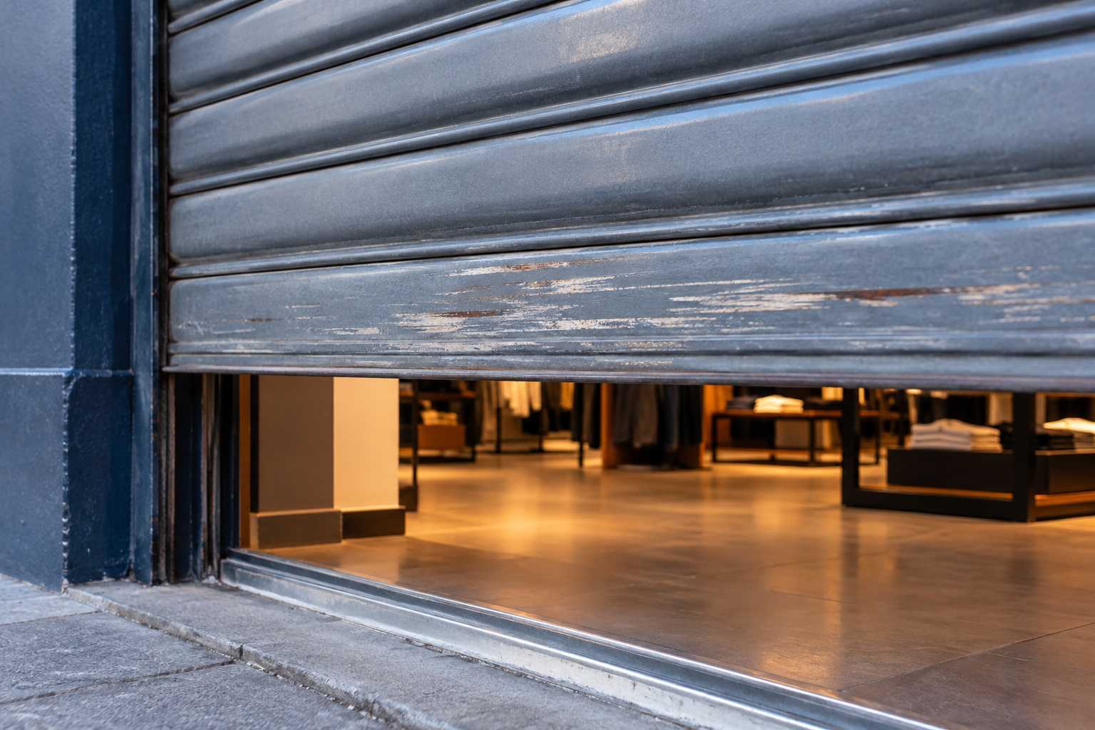 Rideau métallique de boutique à demi ouvert, traces de frottement