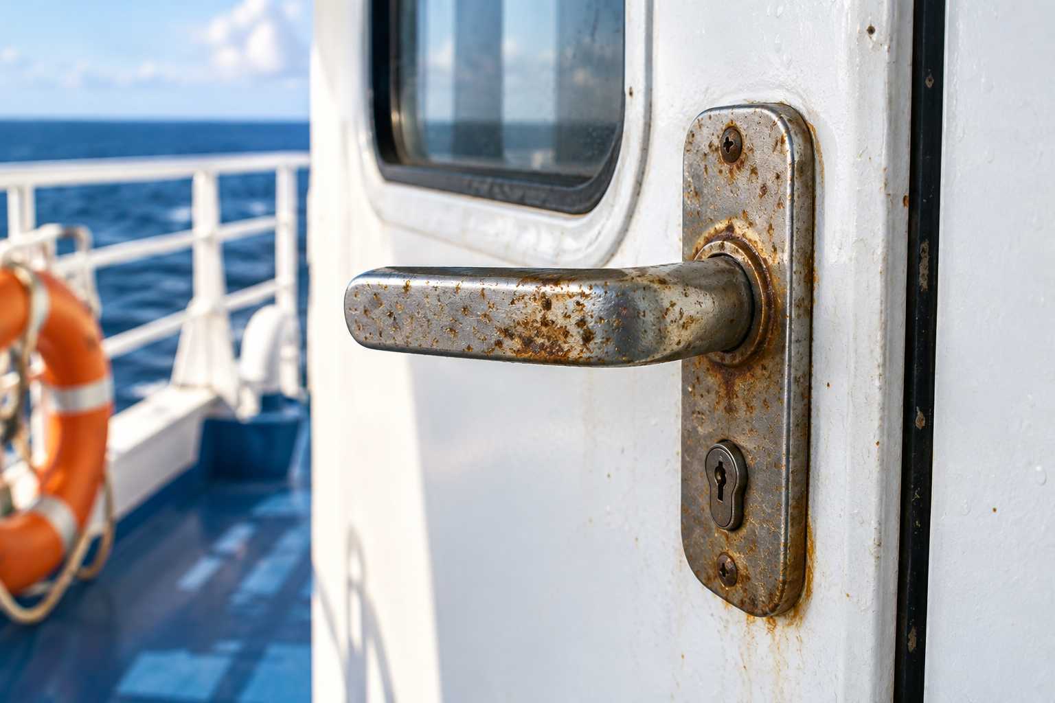 Poignée extérieure métallique légèrement corrodée sur porte maritime