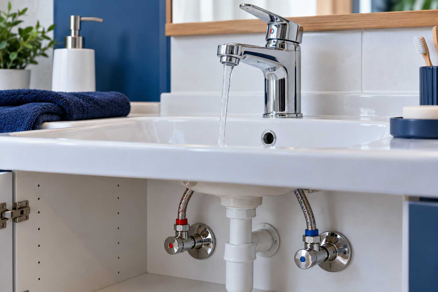 Mitigeur de lavabo avec filet d'eau et raccords visibles