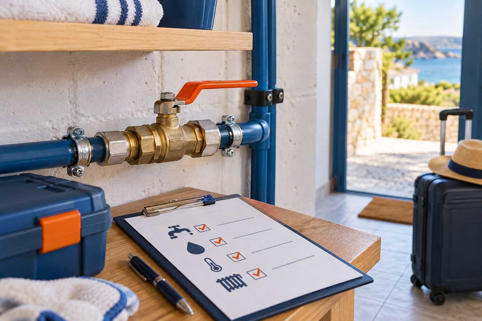 Vanne générale d'eau et checklist d'absence sans texte lisible