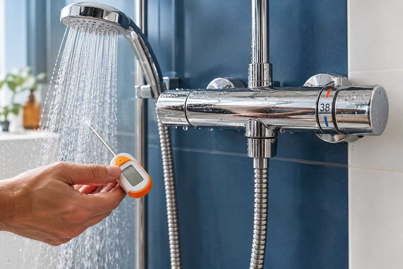 Mitigeur thermostatique de douche avec thermomètre posé à proximité