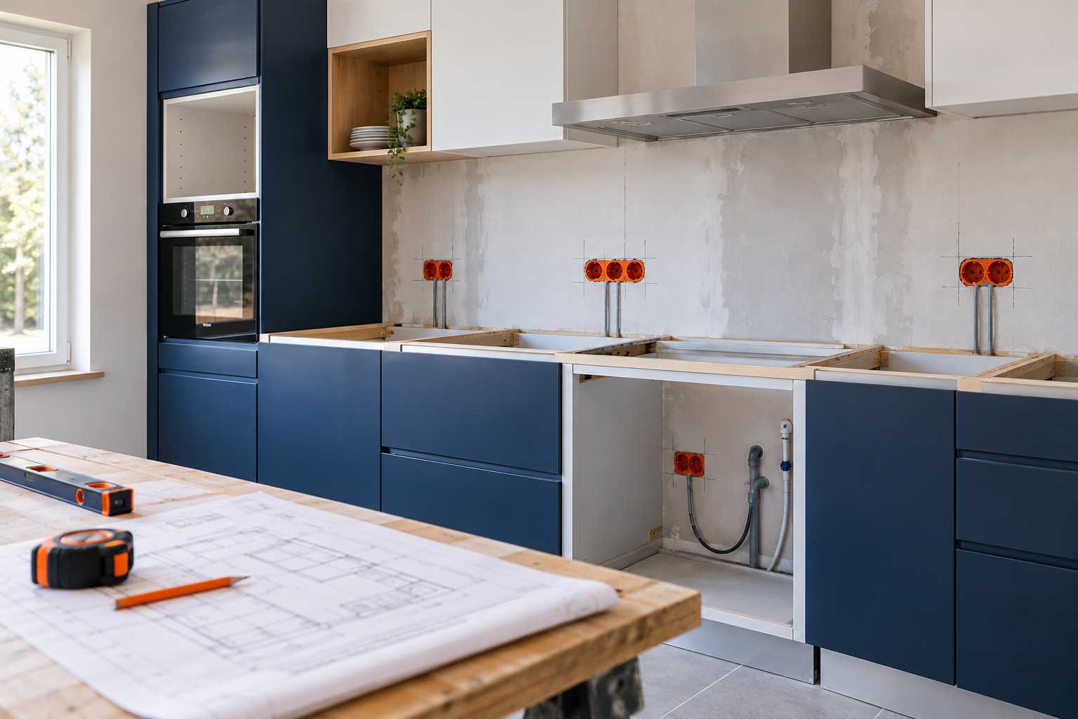 Cuisine en rénovation avec emplacement prévu des prises