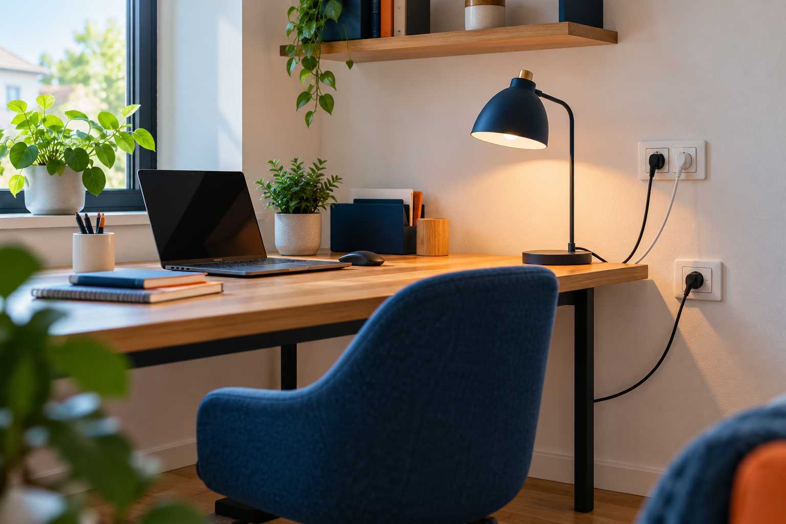 Bureau domestique, prises murales accessibles, lampe