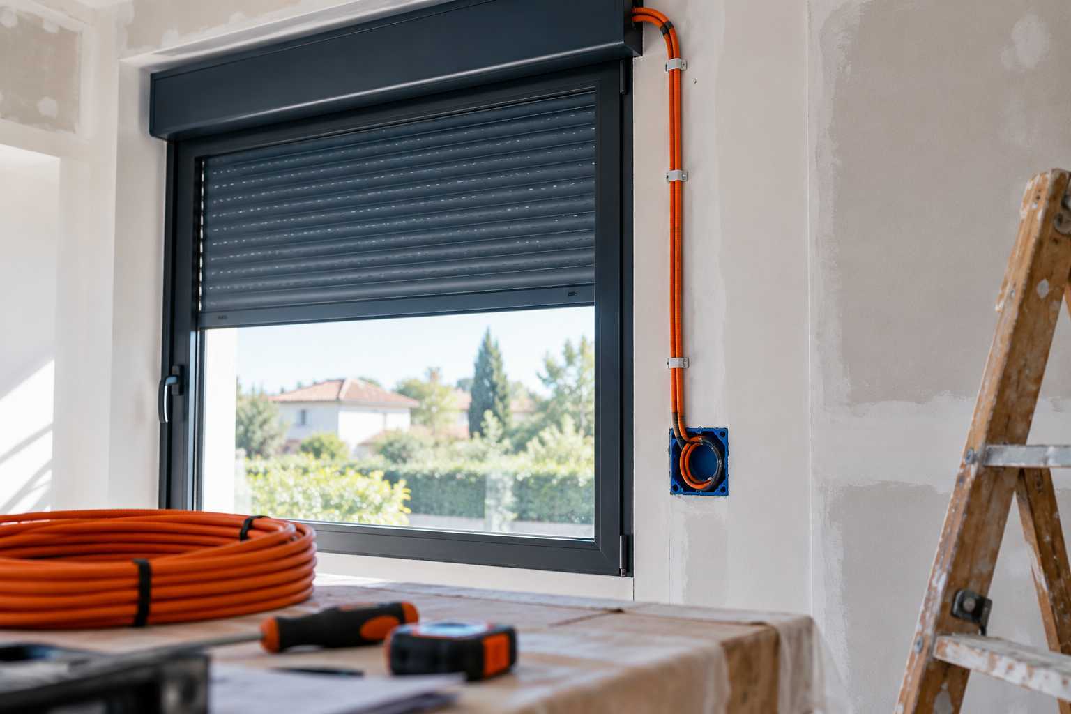Volet roulant et point d'alimentation sécurisé dans pièce en rénovation