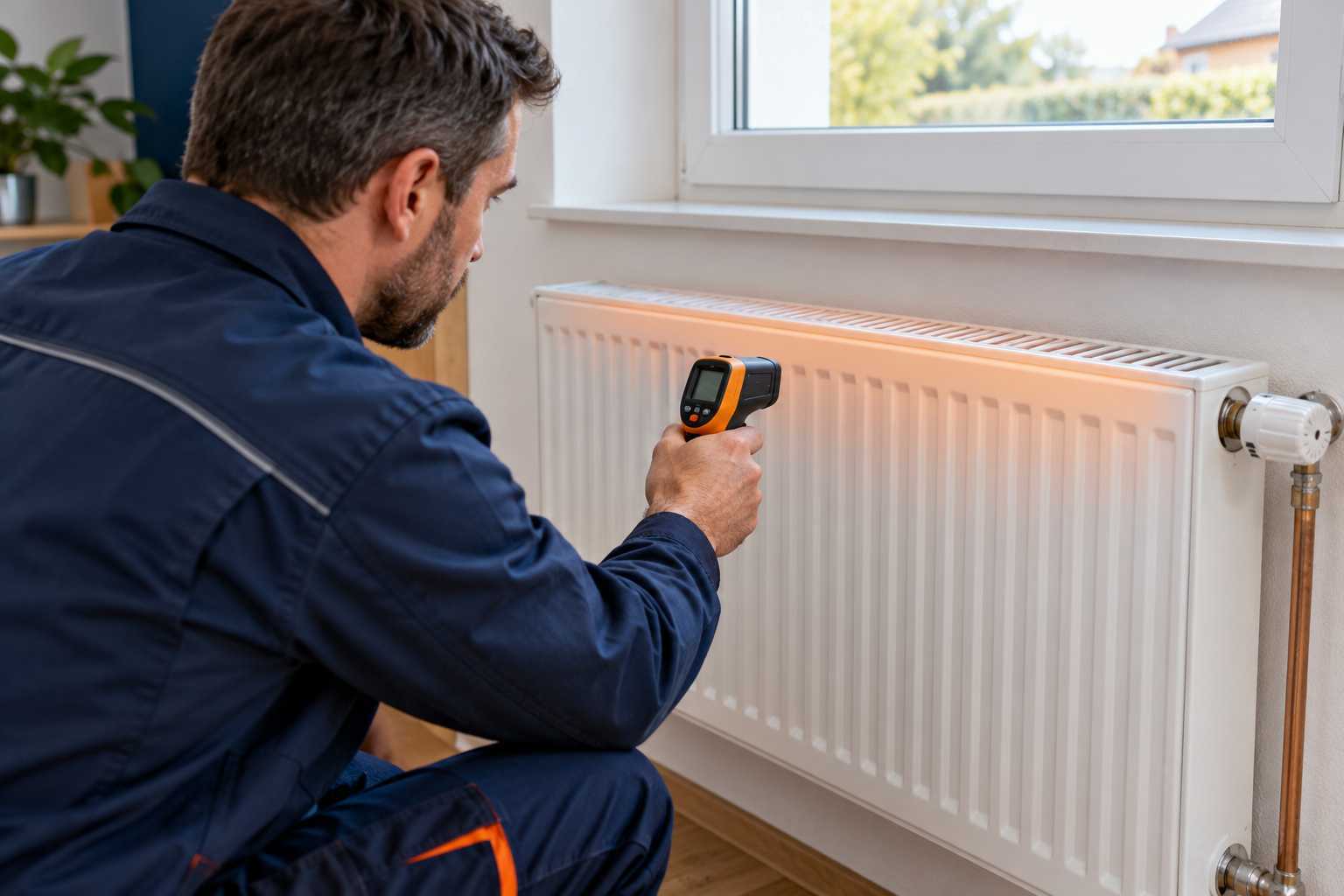 Radiateur à eau, technicien prenant une mesure thermique extérieure