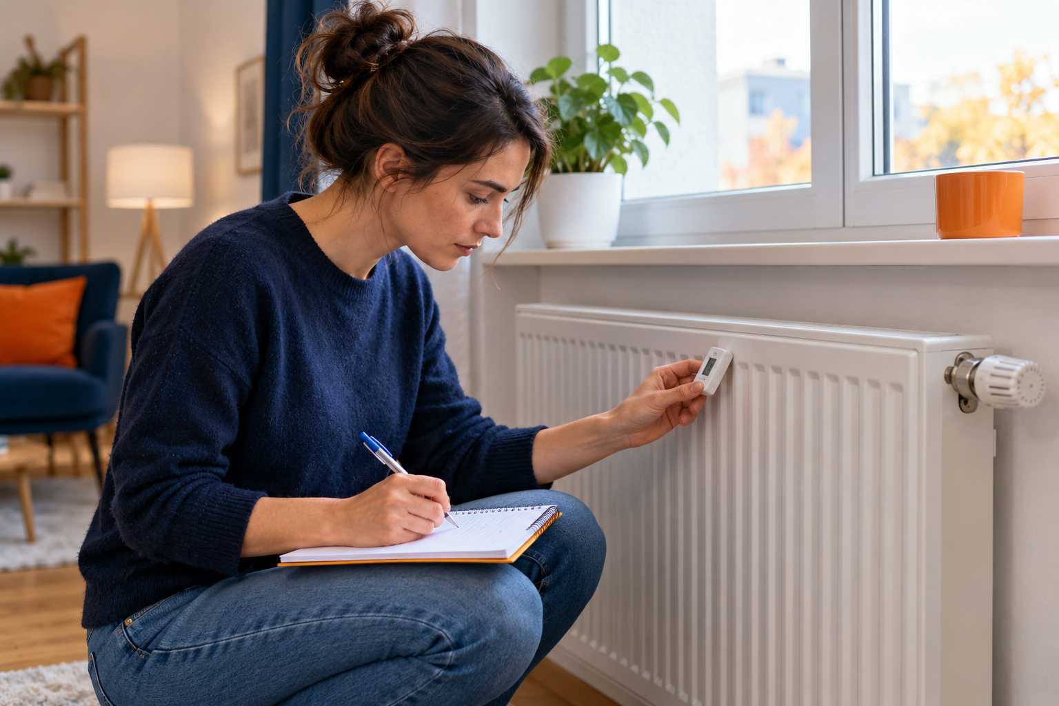 Locataire notant température de pièce près d'un radiateur