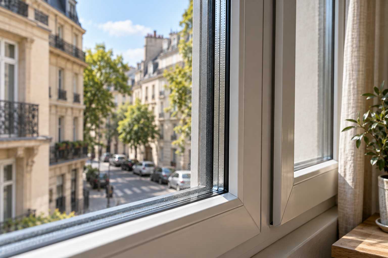 Fenêtre donnant sur rue urbaine, double vitrage en gros plan