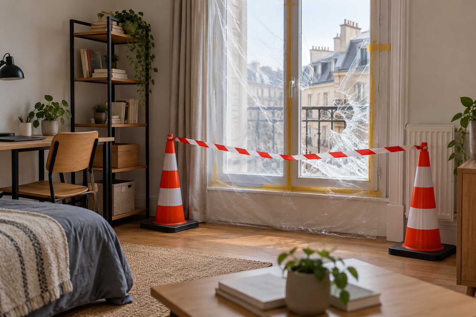 Fenêtre endommagée, zone dégagée et protégée sans personne au contact