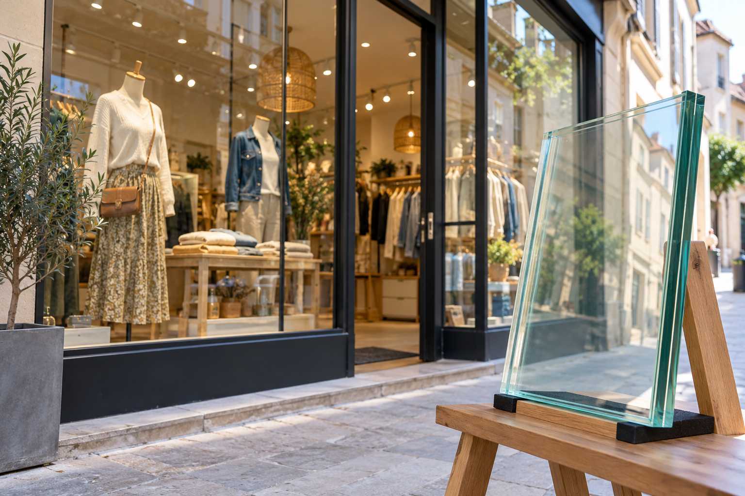 Vitrine commerciale et échantillon de verre feuilleté sur chevalet