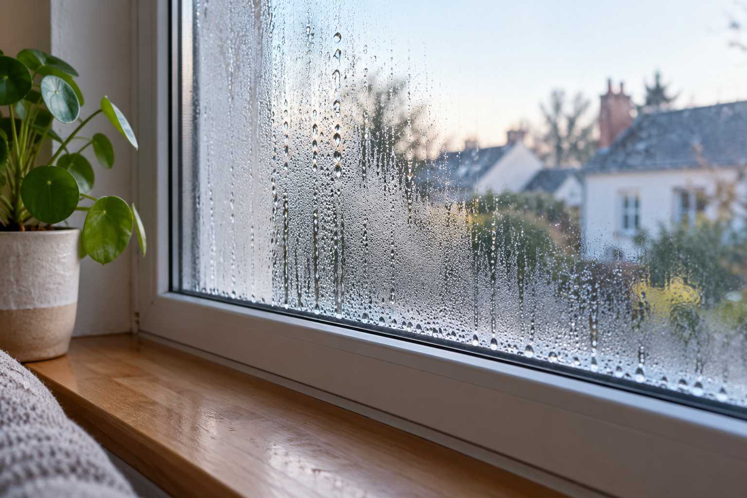Gouttes de condensation sur face intérieure d'une fenêtre