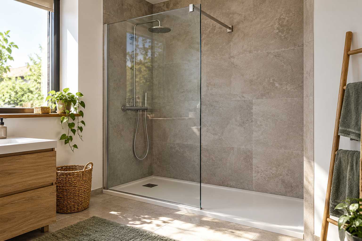 Paroi de douche fixe avec appuis et profilé visibles