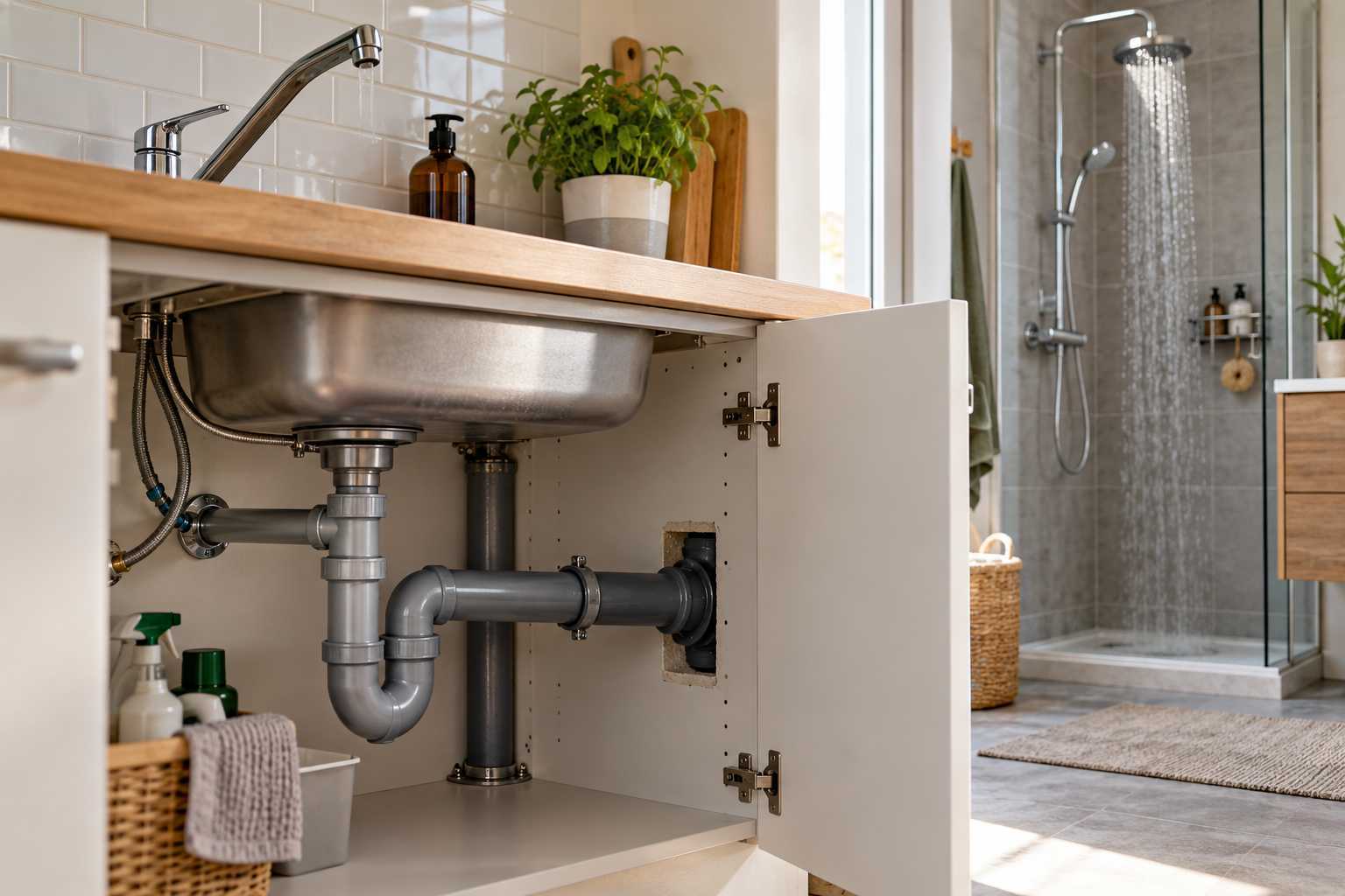 Évier de cuisine avec siphon et douche en arrière-plan