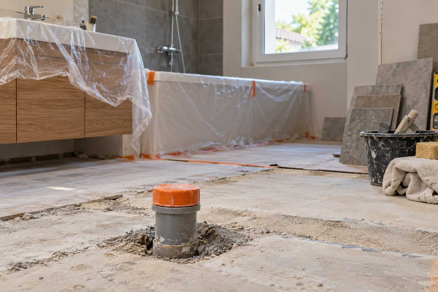 Évacuation de salle de bains en rénovation, protections de chantier