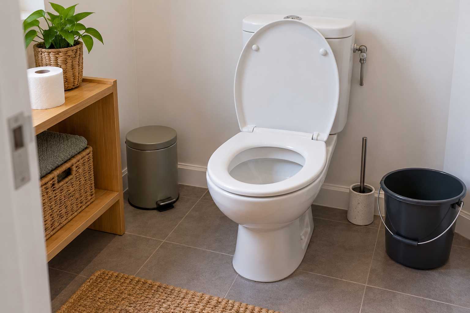 WC propre isolé, papier et seau loin de la cuvette