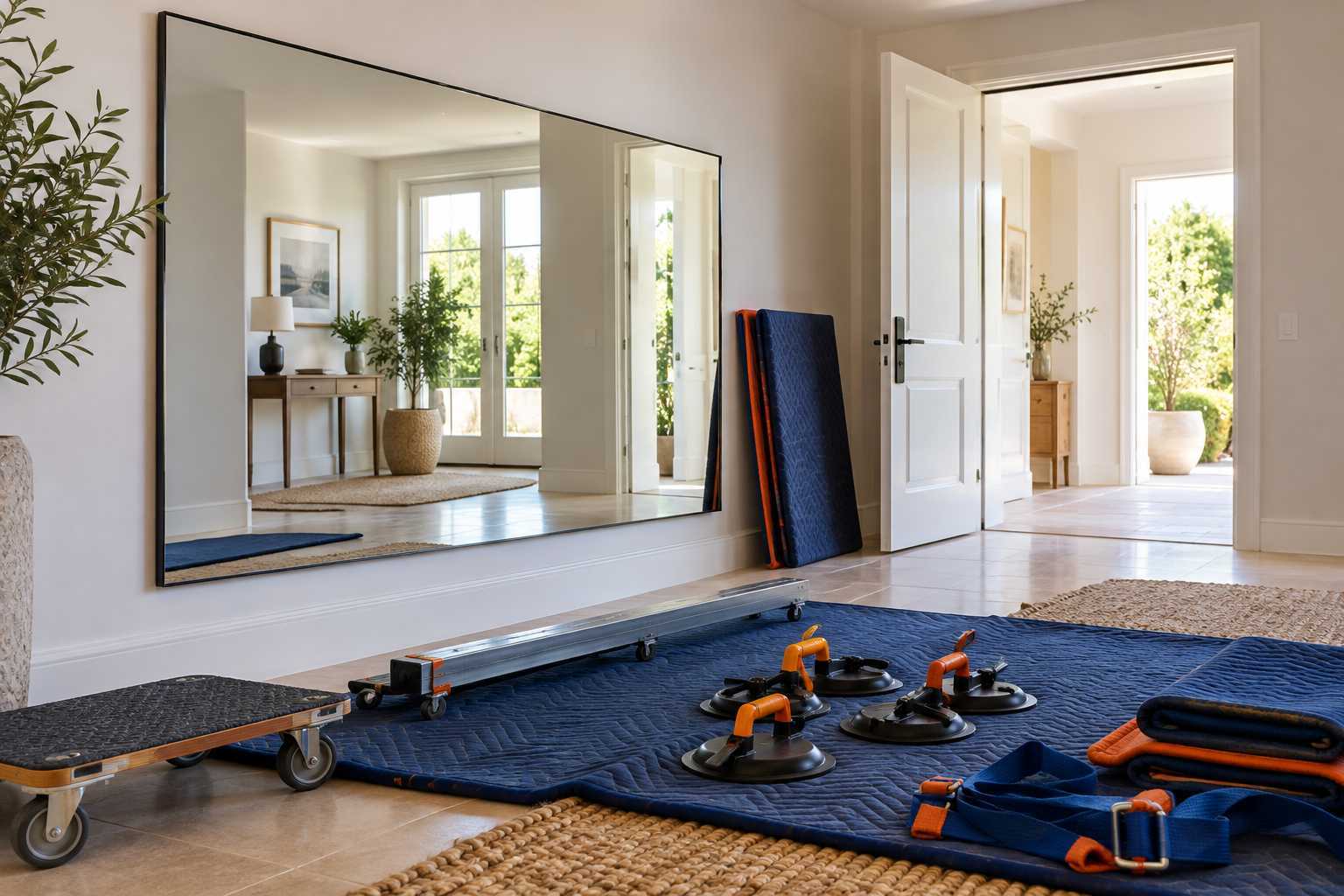 Grand miroir encore en place et passage dégagé pour préparer son déplacement.