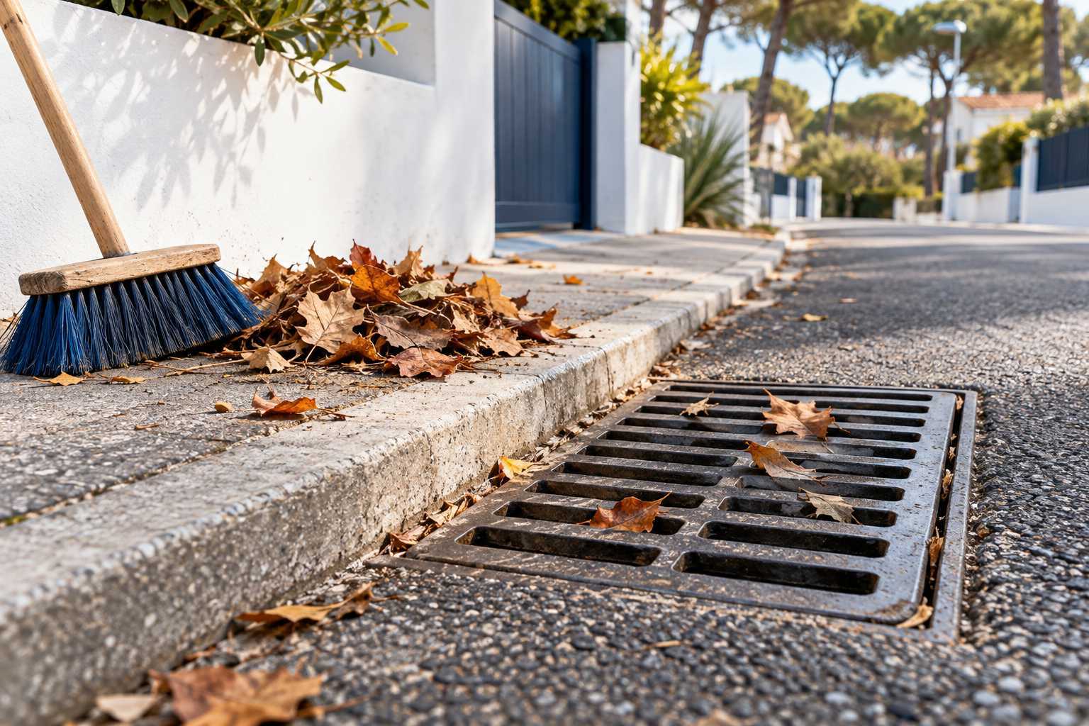 Feuilles sur une grille de collecte accessible, avant entretien de surface.