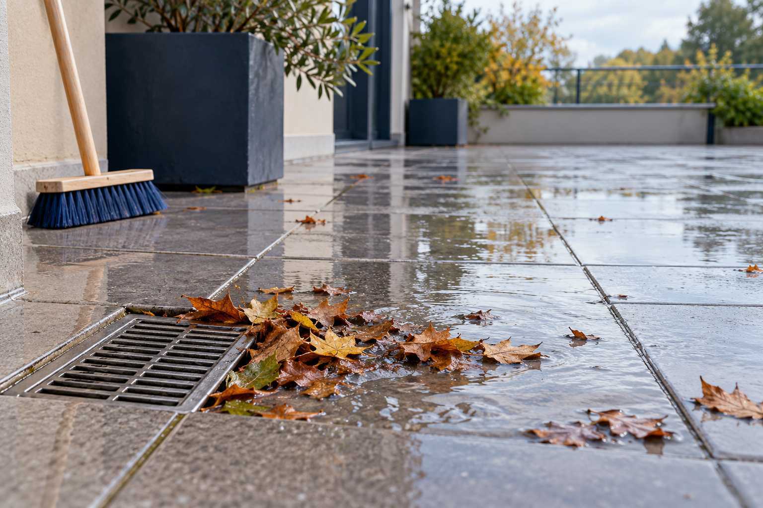 Grille de terrasse accessible avec feuilles et traces d’écoulement.