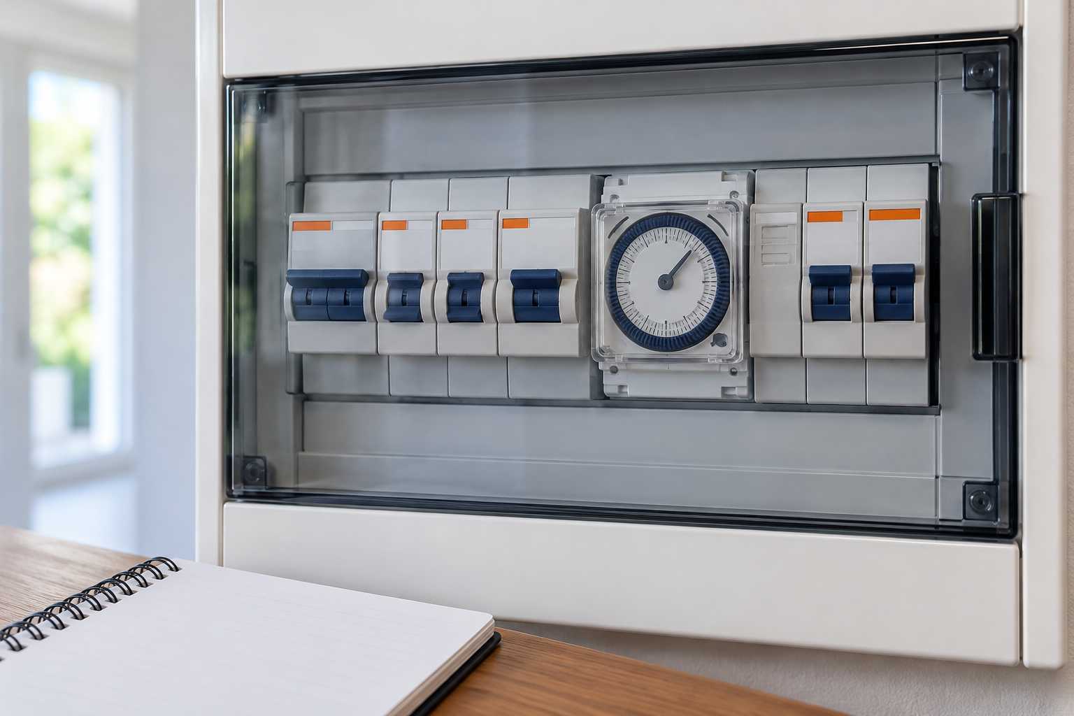 Horloge de commande visible dans un tableau électrique protégé.