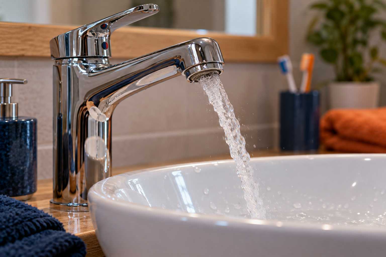 Jet irrégulier et embout d’un robinet de lavabo