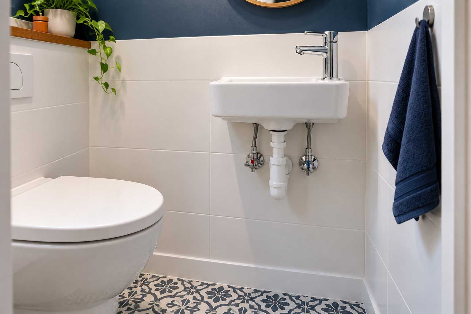 Petit lave-mains avec vannes et siphon accessibles.