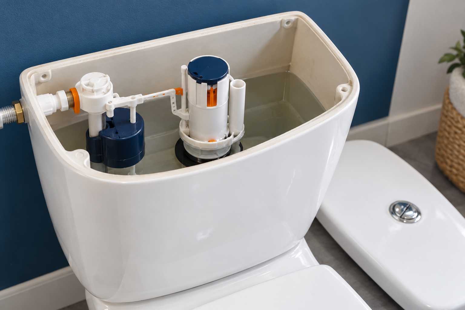 Mécanisme de chasse et robinet flotteur dans un réservoir de WC.