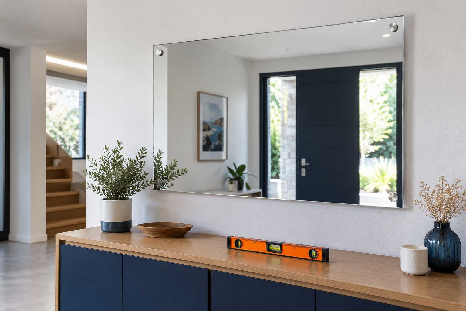 Miroir mural et support préparé pour une fixation adaptée.