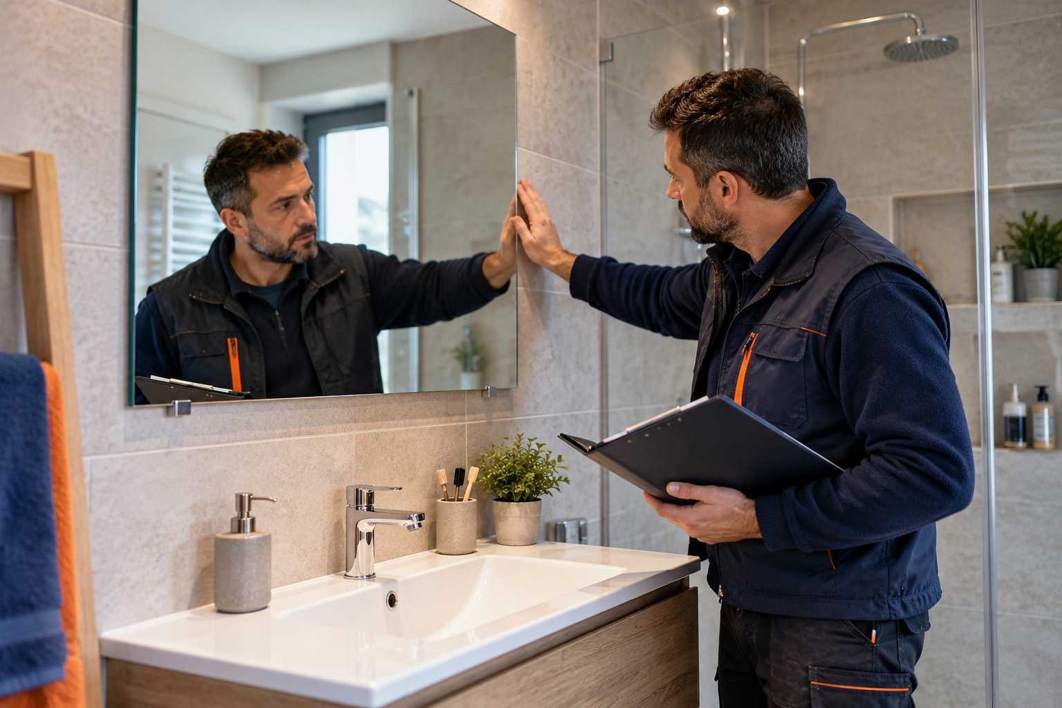Support et fixation d’un miroir dans une salle de bains