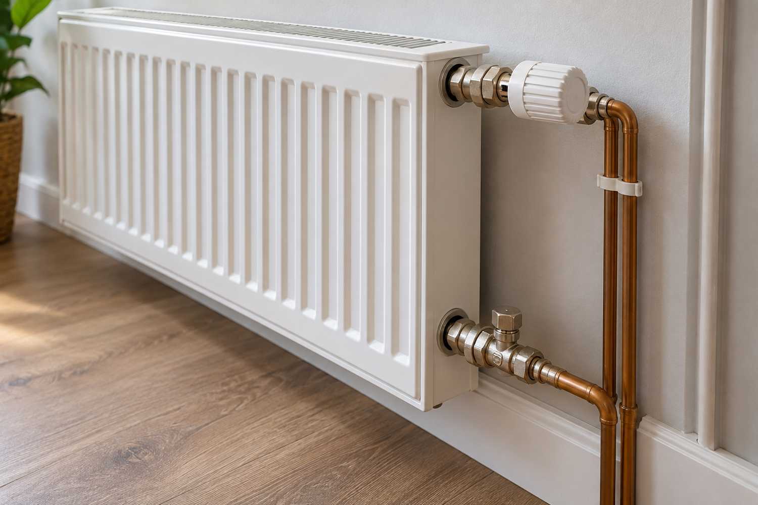 Radiateur à eau avec robinet et raccordements visibles