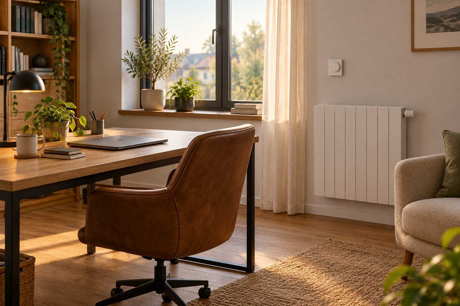 Bureau domestique avec radiateur et commande murale de chauffage
